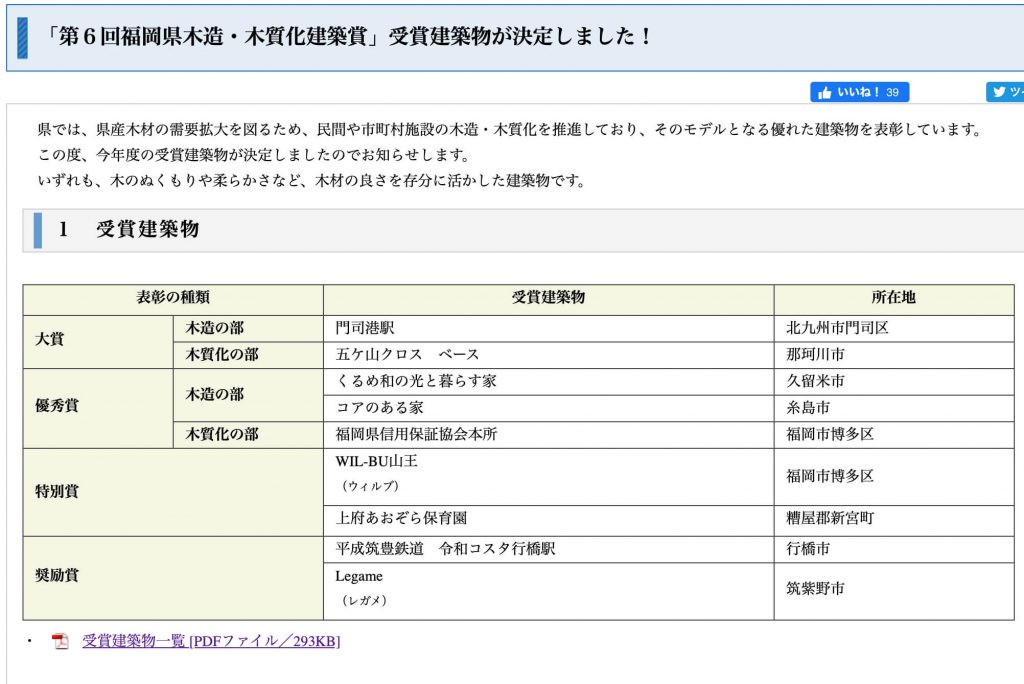 「第６回福岡県木造・木質化建築賞」受賞建築物が決定しました！